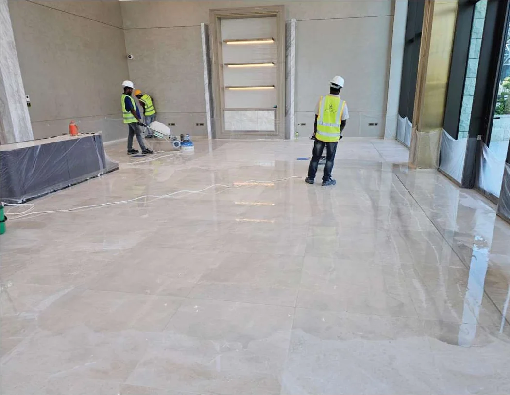 Skill Line technicians restoring a polished stone floor